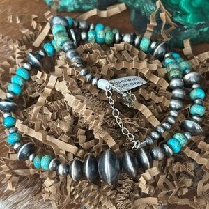 Native turquoise Navajo pearls bench beads sterling silver necklace